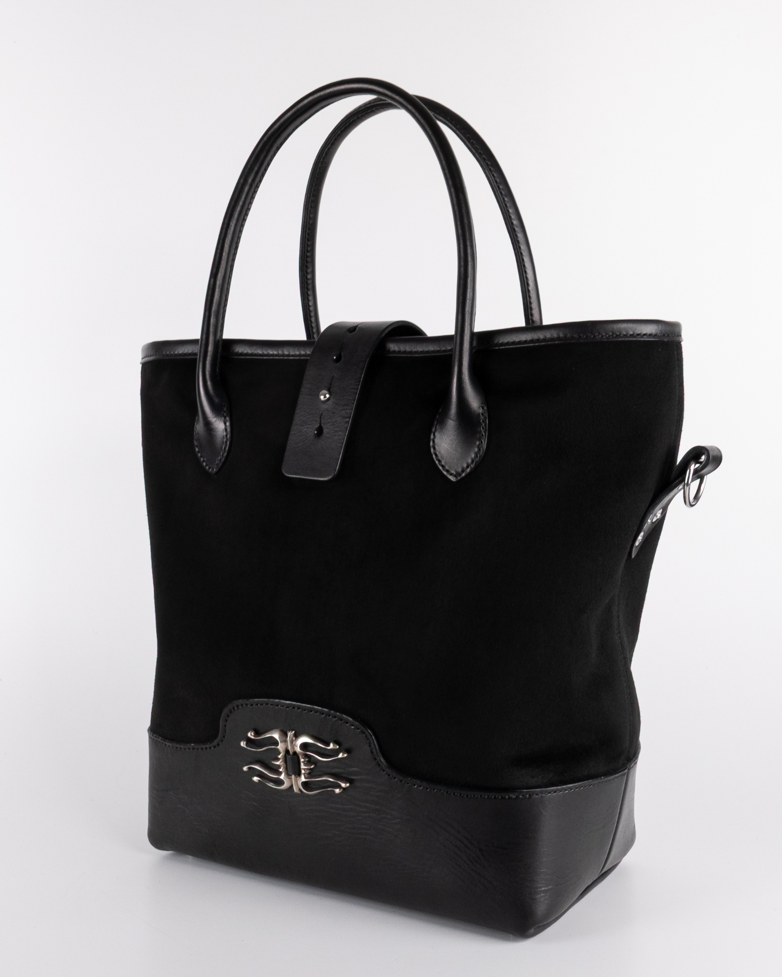 Black tote bag with silver flame hardware