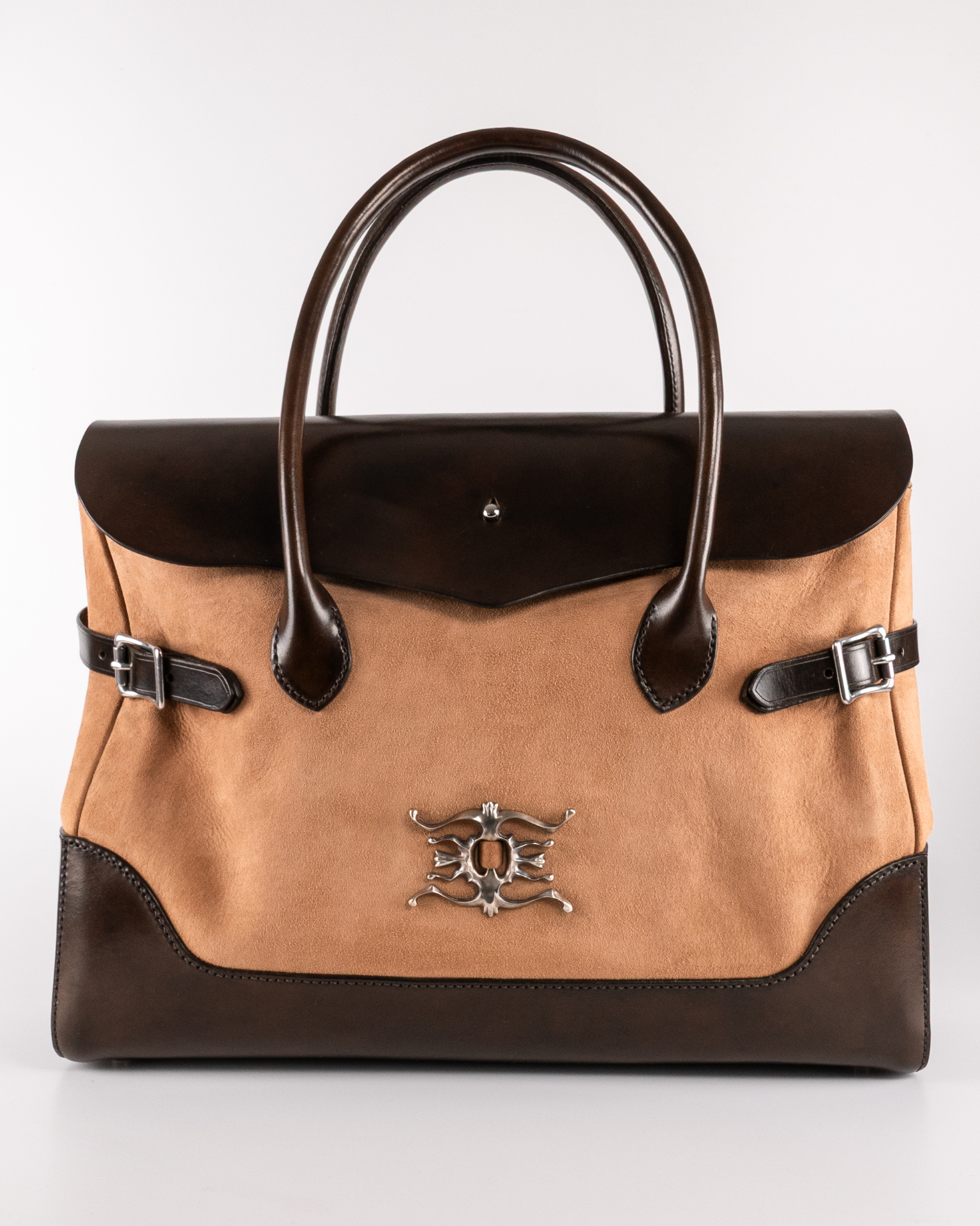 Suede handbag with silver hardware